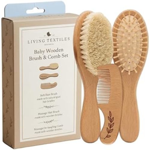 Baby Hair Brush & Comb Set Wooden Goat Hair | Cradle Cap Newborn Grooming