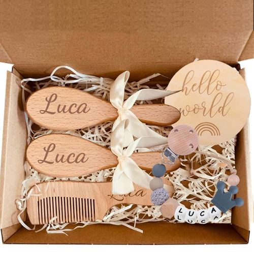 Personalized Wooden Baby Hair Brush and Comb Bristles,Personalized Pacifier Clip with Name Newborn Baby Gift Set