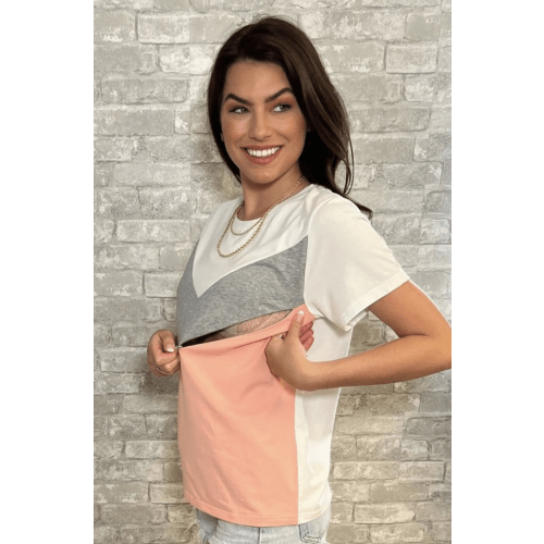 Chevron Colorblock Nursing T-Shirt - Hot Peach
