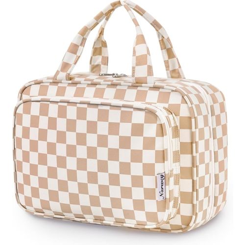 Narwey Travel Toiletry Bag for Women Large Hanging Makeup Bag Organizer Toiletries Bag for Full Size Essentials Accessories Cosmetics (Light Checkerboard (Large))