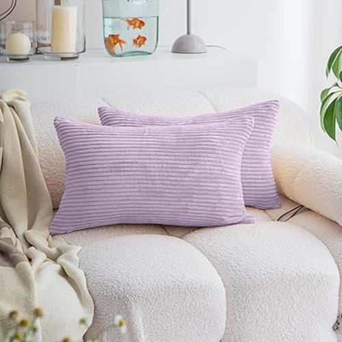 Demetex Lumbar Throw Pillows for Couch 12x20 Pillow Covers Rectangular Plush Corduroy Pillowcases for Baby Rooms Nursery Furniture, Set of 2, 12 x 20 inch, Lavender