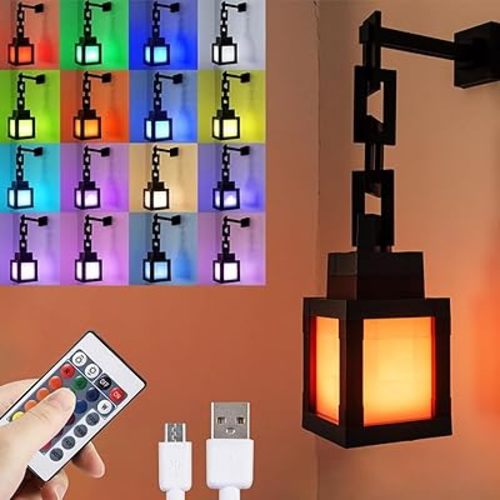 Pixelated Lantern Night Light, 2026 Xmas Gift LED 16 Colors Change Hanging Lantern Lamp from Minecraft - Rechargeable Wall Tabletop Night Lights for Gamer Boys Girls Man Bedroom Game Room Wall Decor