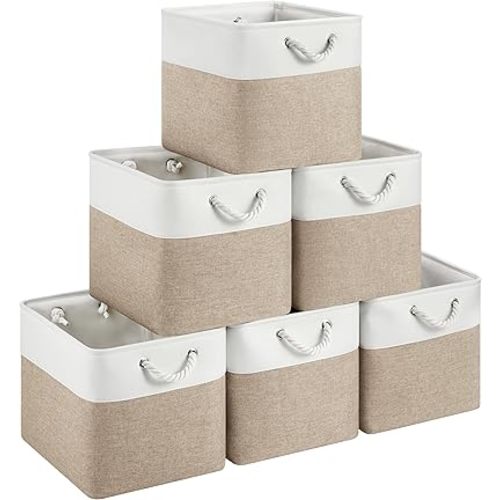 HUZNXVY 13x15x13 Storage Cube Bins, Heavy Duty Foldable Fabric Storage Bins with Handles and Metal Frame, 6 Pack Large Closet Organizer Bins for Clothes, Socks, Towels, White Khaki