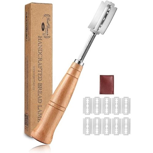 "SAINT GERMAIN Premium Hand Crafted Bread Lame for Dough Scoring Knife, Lame Bread Tool for Sourdough Bread Slashing with 10 Blades Included with Replacement with Authentic Leather Protector Cover"