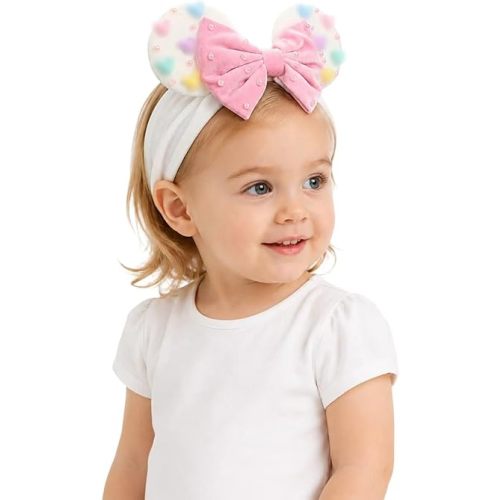 Baby Girl Velvet Mouse Ears Turban Headwrap with Beadings, Velvet Hair Bow Headband for Infant Toddlers Kids