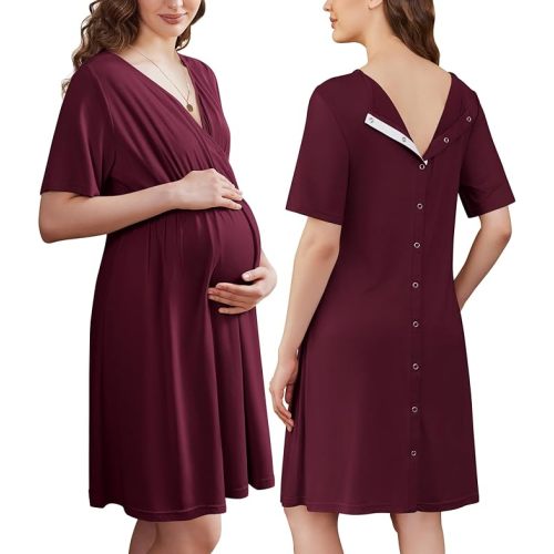 Ekouaer Labor and Delivery Gown for Hospital Short Sleeve Maternity Nursing Dress Nightgown with Button S-XXL