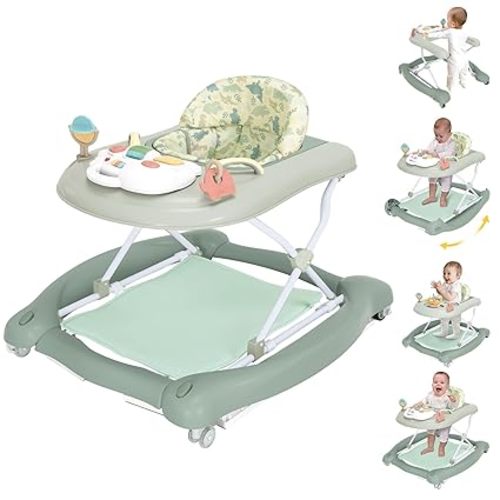 5 in 1 Foldable Baby Walker, Activity Baby Walker-Baby Bouncer, Rocker, Activity Center,Seat and Push Walker,Detachable Trampoline Mat, Adjustable Speed Rear Wheels and Height,Ages 6-18 Months(Mint)
