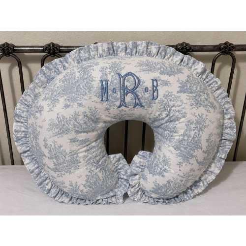 Blue Toile Nursing Pillow Cover with Ruffle