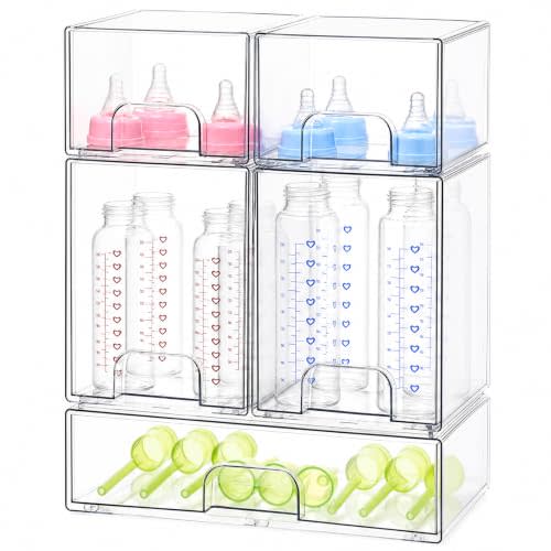 Baby Bottle Organizer, 5 Pack Clear Acrylic Stackable Storage Drawers, Baby Bottle Storage Organizer for Countertop, Nursery, Vanity & Cabinet