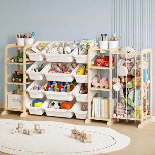 Toy Storage Organizer 4-in-1 Stuffed Animal Storage with 2 Bookshelf and 12 Plastic Bins - Toys Organizer for Kids Room - Wooden Toy Rack for Playroom, Bedroom, Nursery Decor