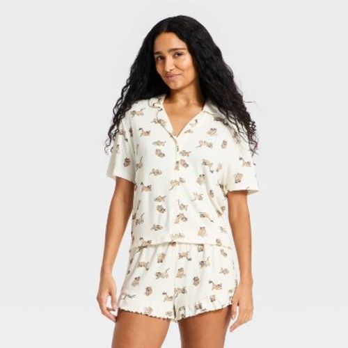 Women's Pointelle Notch Collar Shirt and Shorts Pajama Set - Wild Fable™ Cream Cats M