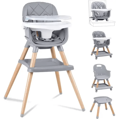 Babyliebe Baby High Chair, 8 in 1 Convertible Wooden High Chair for Babies and Toddlers, Converts to Booster Seat, Toddler Chair & Stool, with Removable Double Tray, Adjustable Legs & Footrest, Gray