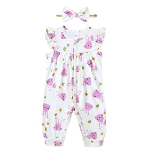 Actgleam Baby Girl Romper Ruffle Sleeveless Animal Print Cute Jumpsuit,Light Purple Rabbit,0-3M