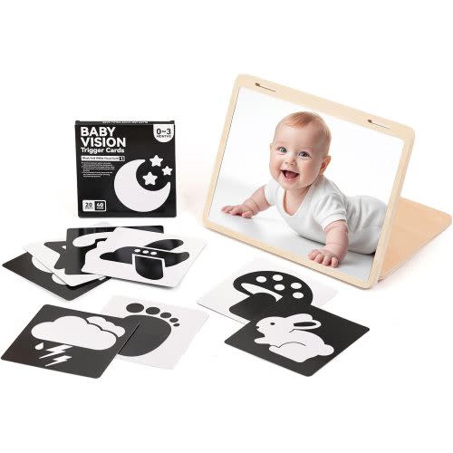 Tummy Time Play Set Adjustable Angle, Double-Sided Design, Montessori Tummy Time Toys Large Baby Safe Mirror and Card Display Stand with Black and White High Contrast Baby Cards