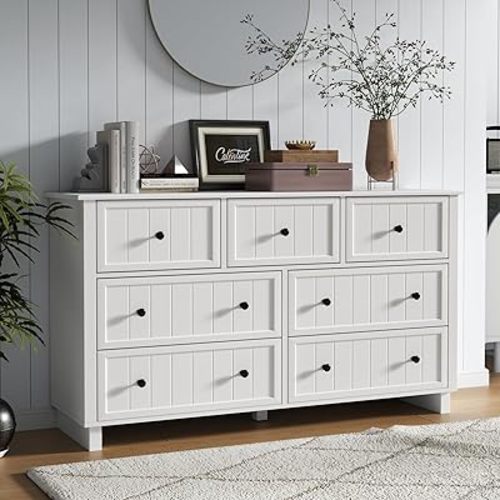 Farmhouse 7 Drawers Dresser for Bedroom, White Dresser Chest of Drawers, Wood Storage Dressers with Deep Drawers and Metal Handle, Wide Modern Dressers & TV Stand for Living Room, Closet, Hallway