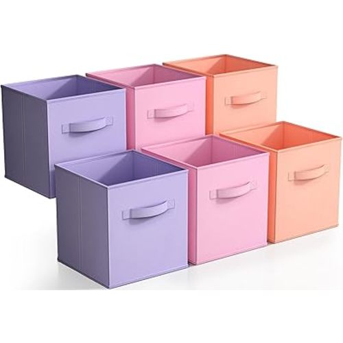 Sorbus Storage Cubes - 11" Foldable Storage Bins with Handle for Nursery, Playroom, Closet Organizers and Storage - 6 Fabric Shelf Basket for Toys, Books, Clothes - Orange Purple & Pink Storage Cubes