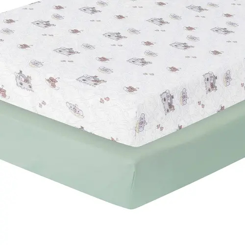 Precious Moments Noah’s Ark Fitted Crib Sheet 2 Pack for Baby Boy by Everyday Kids; 1 Animals on the Ark Printed Crib Sheet and 1 Solid Bright Green; Adorable Wildlife Elephants, Giraffes, Bears Print