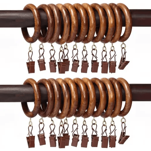 24 Pcs Curtain Rings with Clips Wooden, 2.5 inch for 1-1.5 inch Rod, Window Shower Curtain Hooks, Wood Curtain Rod Wood Curtain Rings with eyelet, Drapery Rings, (24, 1.75 INCH INNER DIA)