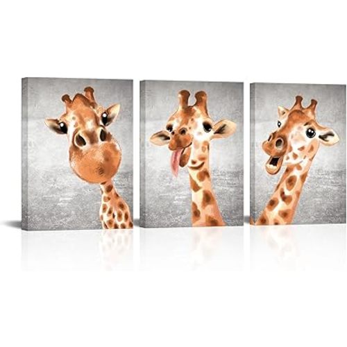 VVOVV Wall Decor Giraffe Decor Picture Animal Wall Art Funny Nursery Wall Decor Framed Ready to Hang, 12inx16inx3Pieces