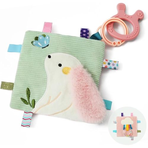 let's make Bunny Baby Lovey with Sensory Tags & Crinkle Toy, Clip-On Stroller Security Blanket Featuring Silicone Teether Newborn Gift