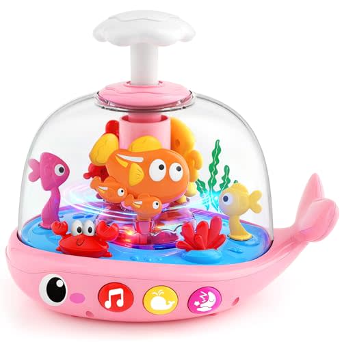 Baby Girl Toys 6-12 Months - Press & Spin Aquarium Light Up Musical Toy for Infant Toy 9-12-18 Months - Bilingual Learning Toddler Toys for 1 2 3 Year Old Boy Girl (Pink)
