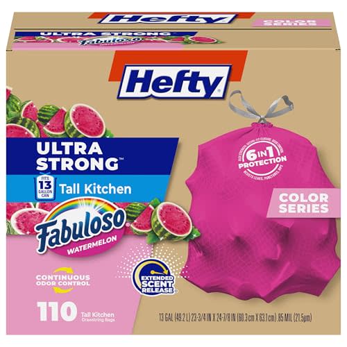 Hefty Ultra Strong 13 Gal Pink Kitchen Trash Bags, Watermelon Scent, 110ct | Bulk Pack, 13G Tall Pink Trash Bags with Drawstrings for Kitchen, Resists Leaks, Continuous Odor Control, Fabuloso Watermelon