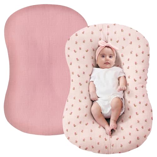 FUNUPUP Muslin Baby Lounger Cover Compatible with Snuggle Me Lounger, Infant Lounger Pillow Cover for Newborn, Removable Newborn Lounger Cover for Boys and Girls, Only Cover, Pink&Pink Flower