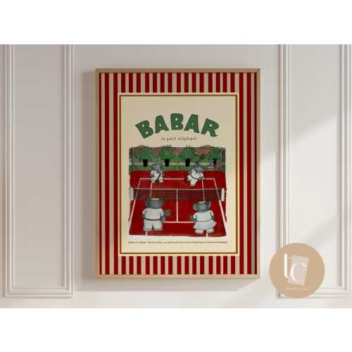 Babar the elephant playing tennis wall art retro kids decor quote wall art genre neutral baby wall art illustration nursery print