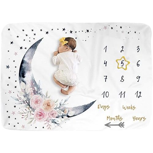 BUTTZO Floral Moon Baby Monthly Milestone Blanket 40" x 60" Fleece