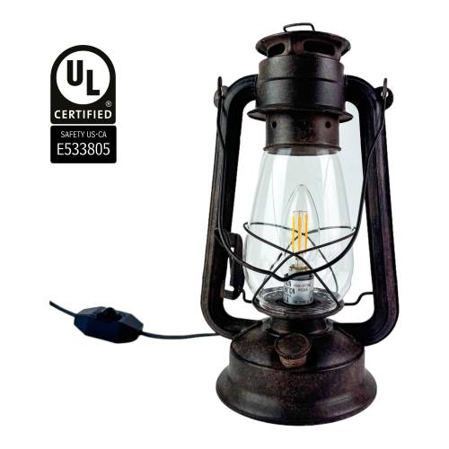 Dimmable Rustic Electric Lantern Lamp – 12” Vintage Table Lantern with LED Bulb, Hand-Finished Rust Patina, UL Certified for US & Canada