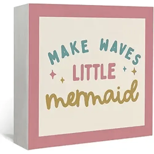 Lacama Mermaid Girls Room Decor Wooden Box Sign, Ocean Nursery Decorations Wood Block Signs, Make Waves Little Mermaid Wood Sign for Baby Little Girls Room Bedroom Desk Shelf Wall Decor 5x5 Inches