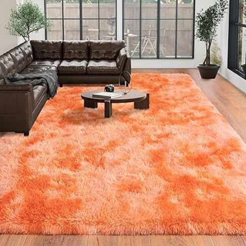Super Fluffy Orange 6x9 Area Rugs for Living Room, Modern Large Shag Rug for Bedroom, Non-Slip Plush Shaggy Thick Black Carpet for Nursery Kids Room Boys Girls Dorm Indoor Home Office Decor