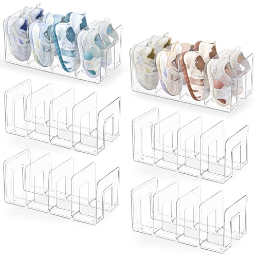 HBlife Clear Acrylic Kids Shoe Rack for Closet, 6 Pack, 4 Sections, Stackable, Crystal Clear, 4 Pairs Capacity