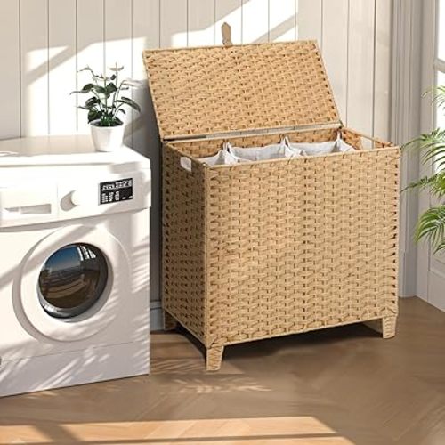 132 L Wicker Laundry Hamper with Lid 3 Section, Extra Large HandWoven Synthetic Rattan Wicker Laundry Basket with Removable Liner Bags for Bedroom Bathroom, Dirty Clothes Hampers Woven Foldable