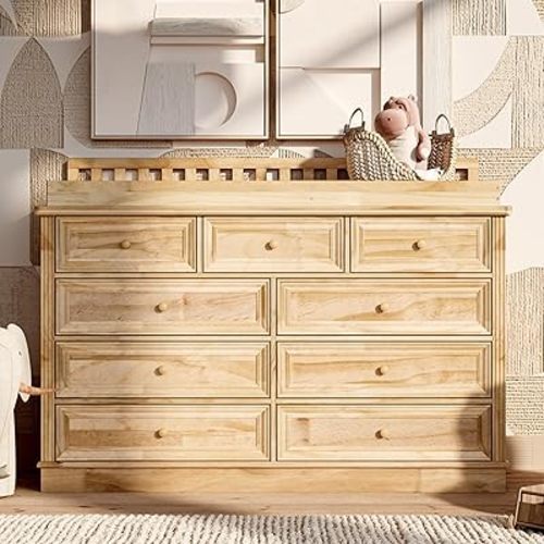 Homsee Baby Changing Table Dresser, 100% Solid Wood Infant Diaper Changing Station Combo, 9-Drawer Baby Nursery Dresser with Removable Tray for Children's Room Bedroom, Nature Color 55.1" W
