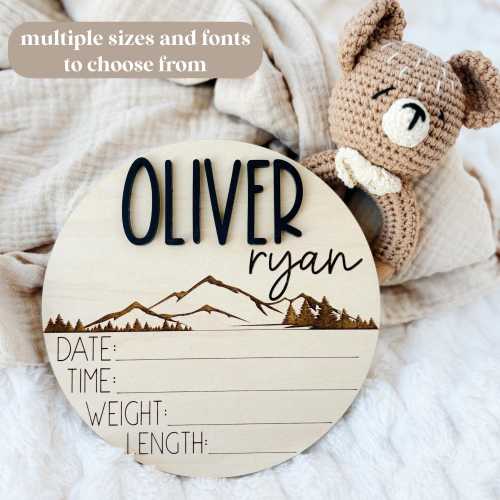 Engraved Baby Name Announcement Sign: Mountain Newborn Photo Prop with Birth Stats