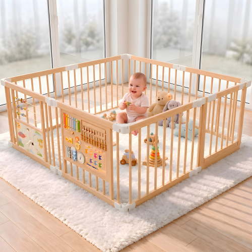 suihuooo Foldable Wooden Baby Playpen Playard, Wooden Foldable Baby Play Yard for Toddlers,Portable Foldable Playpen,55"x55"x24"