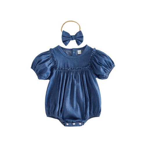 BemeyourBBs Newborn Baby Girls Summer Clothes Cute Western Cowgirl Outfits Infant Girl Denim Bubble Romper Puff Short Sleeve Round Neck Jeans Bodysuit and Headband Set