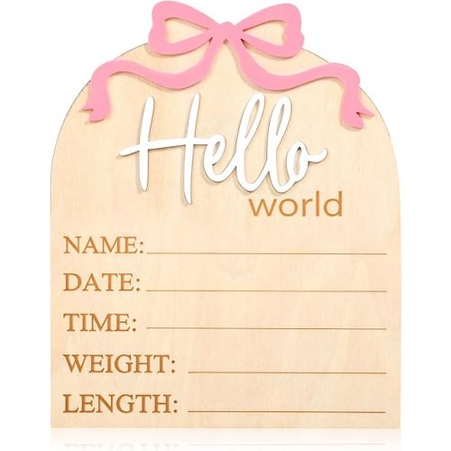 Hello World Newborn Sign, 5.9in Welcome Baby Sign- 3D Pink Bow Birth Announcement Sign for Hospital Hello World Plaques for Photo Props Baby Shower Hospital Nursery