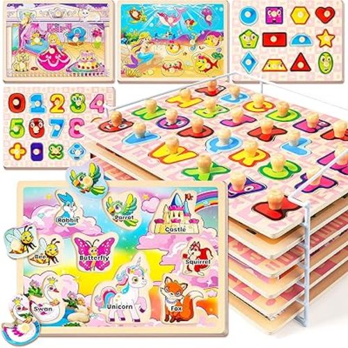 SYNARRY Wooden Puzzles for Toddlers 1-3, 6XSET Toddlers Puzzles Ages 1-3 with Rack, Learning Alphabet Number Shape Unicorn Princess Mermaid Animal, Toddler Easter Basket Stuffers Gifts Toys for Girls