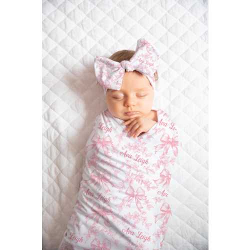 Personalized Pink Toile Ribbon Baby Girl Swaddle Set - Blanket with Bow Knot Cap Beanie – Baby Shower Gift, Photo Prop, Newborn Keepsake,