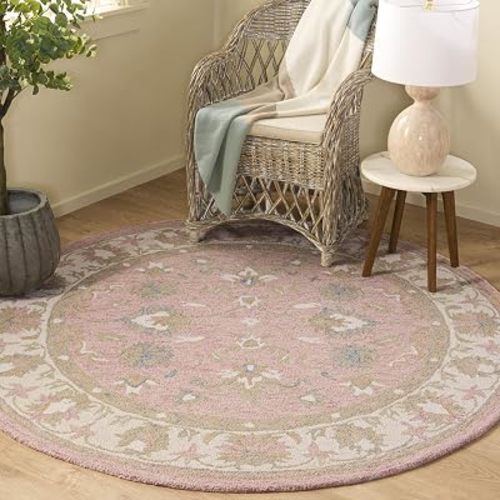 SAFAVIEH Area Rug 6' Round - Heritage Collection - Pink & Ivory, Handmade Wool, Ideal for Living Room, Bedroom, Dining Space (HG125U)