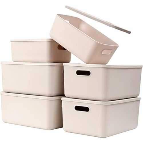 Plastic Storage Baskets With Lid Organizing Container Lidded Knit Storage Organizer Bins for Shelves Drawers Desktop Closet Playroom Classroom Office (4M+2S, Light grey)