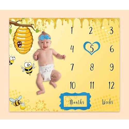 Bee Honeycomb Baby Age Milestone Blanket, Sweet Honey Drips Large Blanket for Nursery, Baby 1-12 Months Growth Chart, Includes 4 Frame and 1 Headband 48"x48" BTLSPH751