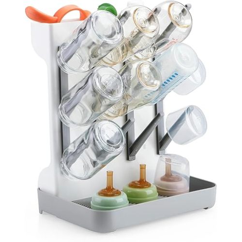 PandaEar Baby Bottle Drying Rack, Vertical Space-Saving Bottle Dryer Stand for Countertop with Removable Water Tray & Pegs, Holds Bottles, Nipples, Sippy Cups & Accessories, Grey