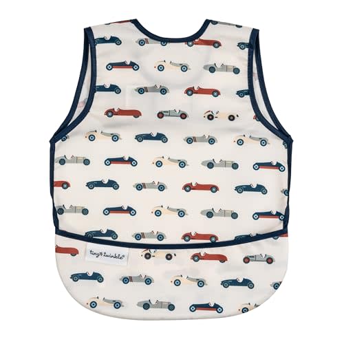 Tiny Twinkle Mess Proof Baby Bib for Girls | Waterproof Toddler Bib for Eating | Baby Apron for Feeding | Machine Washable | Perfect Shower Gift (Vintage Cars, 6–24M)