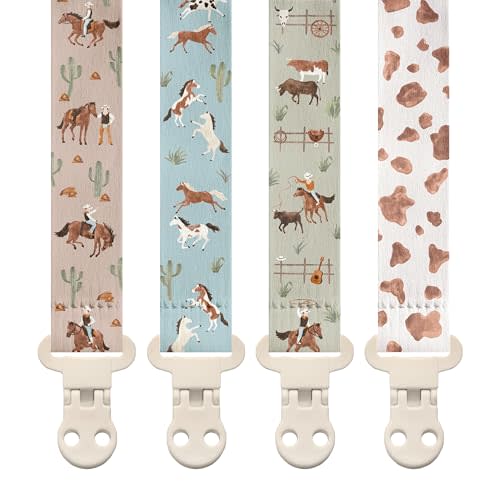 Stadela Baby Fabric Pacifier Clip Holder, Plastic Clip, 4‑Pack, Western Pattern, West Set