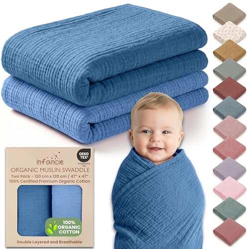 100% Organic Cotton Muslin Baby Blanket - 47 x 47 Inch Breathable Muslin Swaddle Blanket, Hypoallergenic Double-Layer, Soft and Cozy Blankets for Sleeping & Everyday Use (Slate/Aquarius)