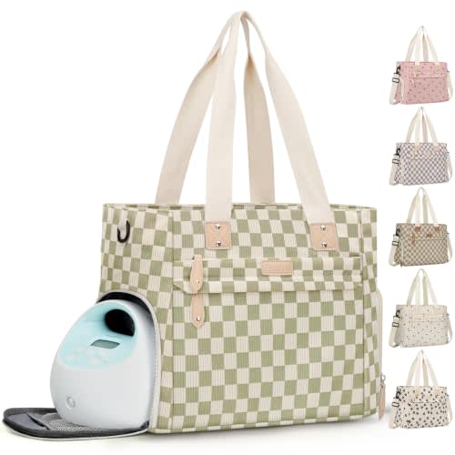 Pritent Baby Diaper Bag Tote,Waterproof Maternity Breast Pump Bags for Mom | Mommy Bag with 14''Laptop Sleeve,Waterproof, Travel Baby Bag for Boys & Girls, Hospital Labor and Delivery Checkered Green