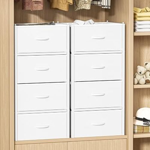 ThreeHio 4 Pack (8 Drawers) Stackable Storage Closet Drawers, White Closet Organizer and Storage with Metal Frame, Space-Saving Stackable Dresser and Drawer Bins for Bedroom, Living Room, White